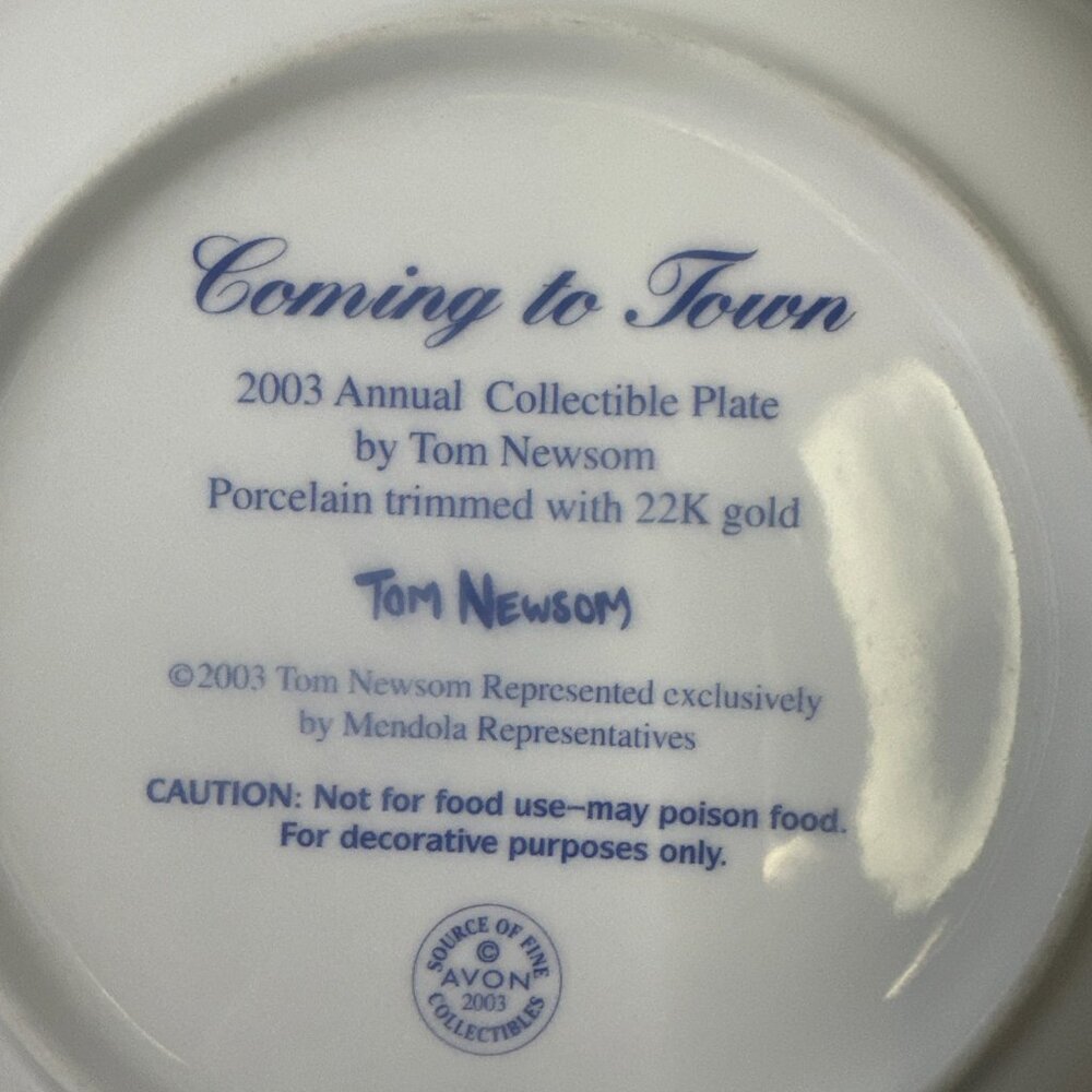 2003 Avon Christmas Plate Coming to Town Tom Newsom 22k Gold Trim Santa Reindeer - Picture 7 of 7